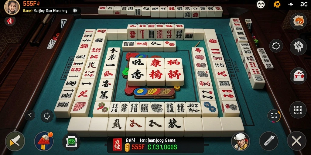 Tangkapan layar utama gameplay 555F dengan grafik Mahjong yang memukau.