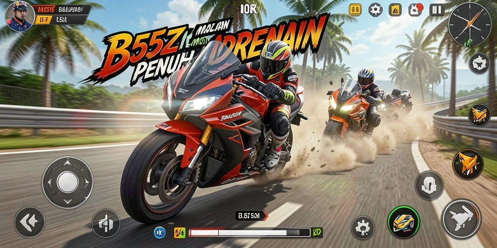 Tampilan gameplay balapan motor yang seru dan penuh aksi.