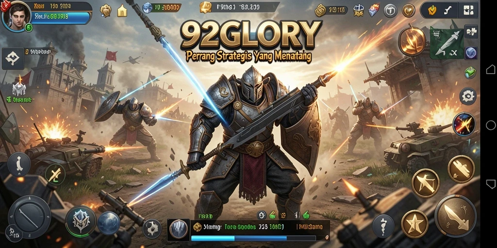 Tangkapan layar gameplay 92GLORY menampilkan pertempuran strategi yang intens.