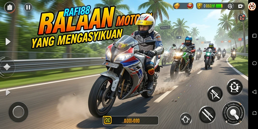 Tampilan gameplay motor racing yang mendebarkan dan penuh aksi.