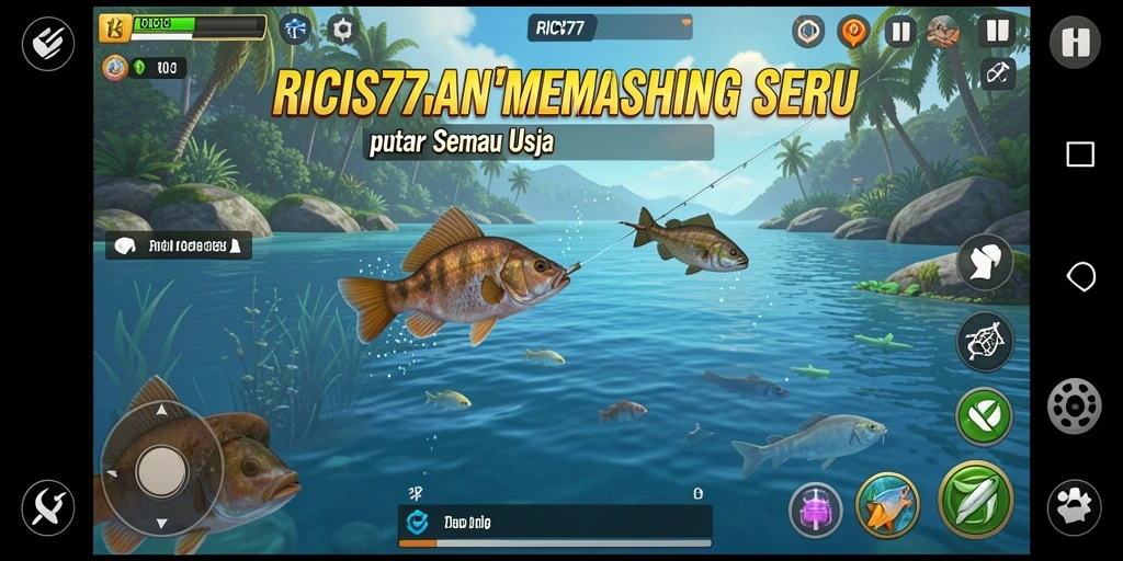 Screenshot RICIS77 menampilkan pemain yang sedang memancing di lokasi alami.